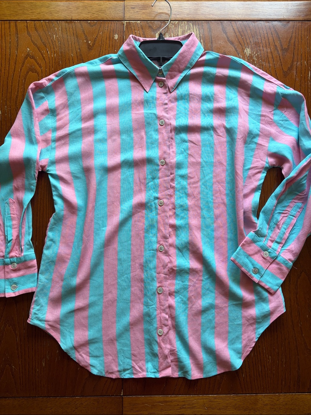 Zara Women’s Button-Down Shirt in Pink & Aqua Stripe